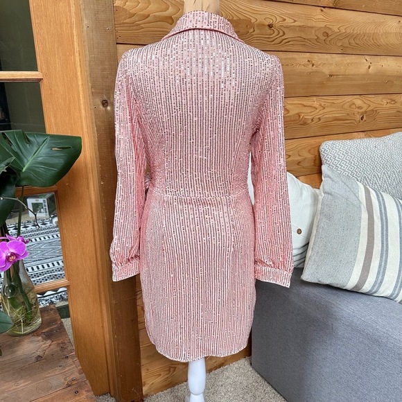 DOUBLE CRAZY Pink Sequin Long Sleeve V Neck Tie Waist Collared Wrap‎ Dress Sz S - Picture 10 of 16